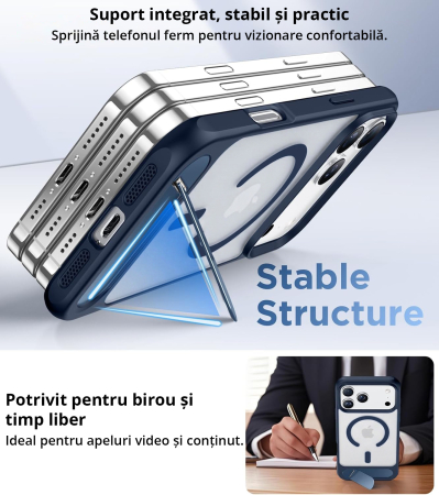 Husă premium pentru iPhone 17 PRO, MobileSmart, MagSafe, suport ascuns și protecție militară antișoc cu margini ridicate, Blue [4]