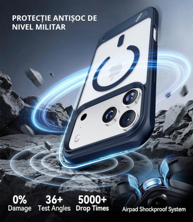 Husă premium pentru iPhone 17 PRO, MobileSmart, MagSafe, suport ascuns și protecție militară antișoc cu margini ridicate, Blue [2]