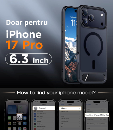 Husă premium pentru iPhone 17 PRO, MobileSmart, MagSafe, suport ascuns și protecție militară antișoc cu margini ridicate, Negru Mat [1]