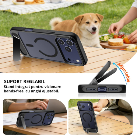Husă premium pentru iPhone 17 PRO, MobileSmart, MagSafe, suport ascuns și protecție militară antișoc cu margini ridicate, Negru Mat [5]