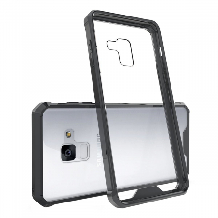 Husa Samsung Galaxy A8 2018, Hybrid Antisoc, carcasa spate PC transparenta cu cadru, Negru [0]