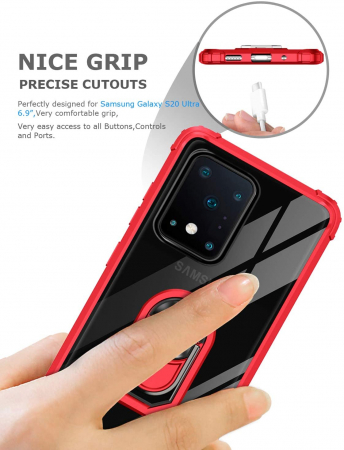 Husa Samsung Galaxy S20 ULTRA, Hybrid Antisoc, carcasa cu bumper, inel rotativ 360 si Kickstand, Rosu [2]
