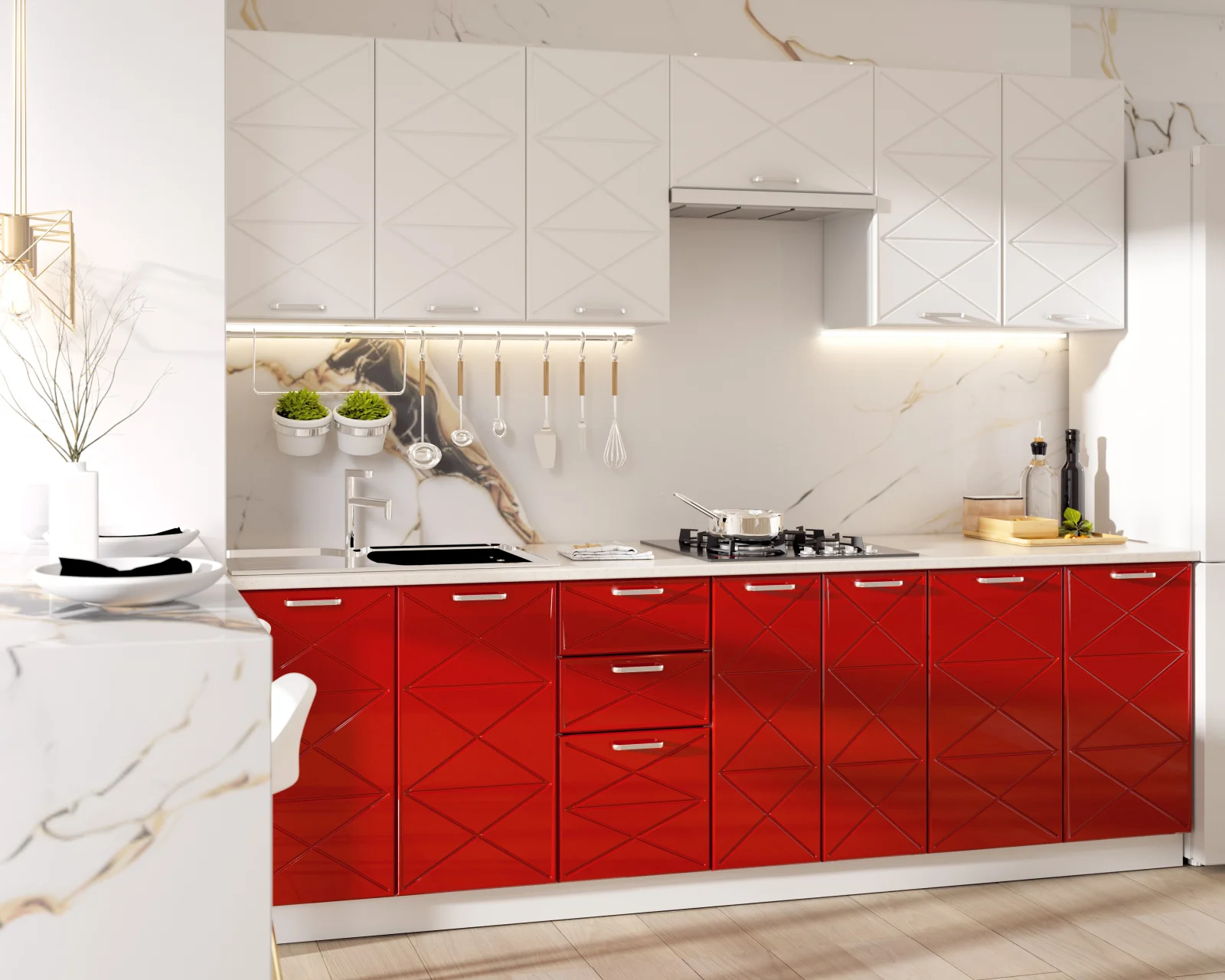 Bucatarie Boston 2.6m Mdf Alb Rosu [2]