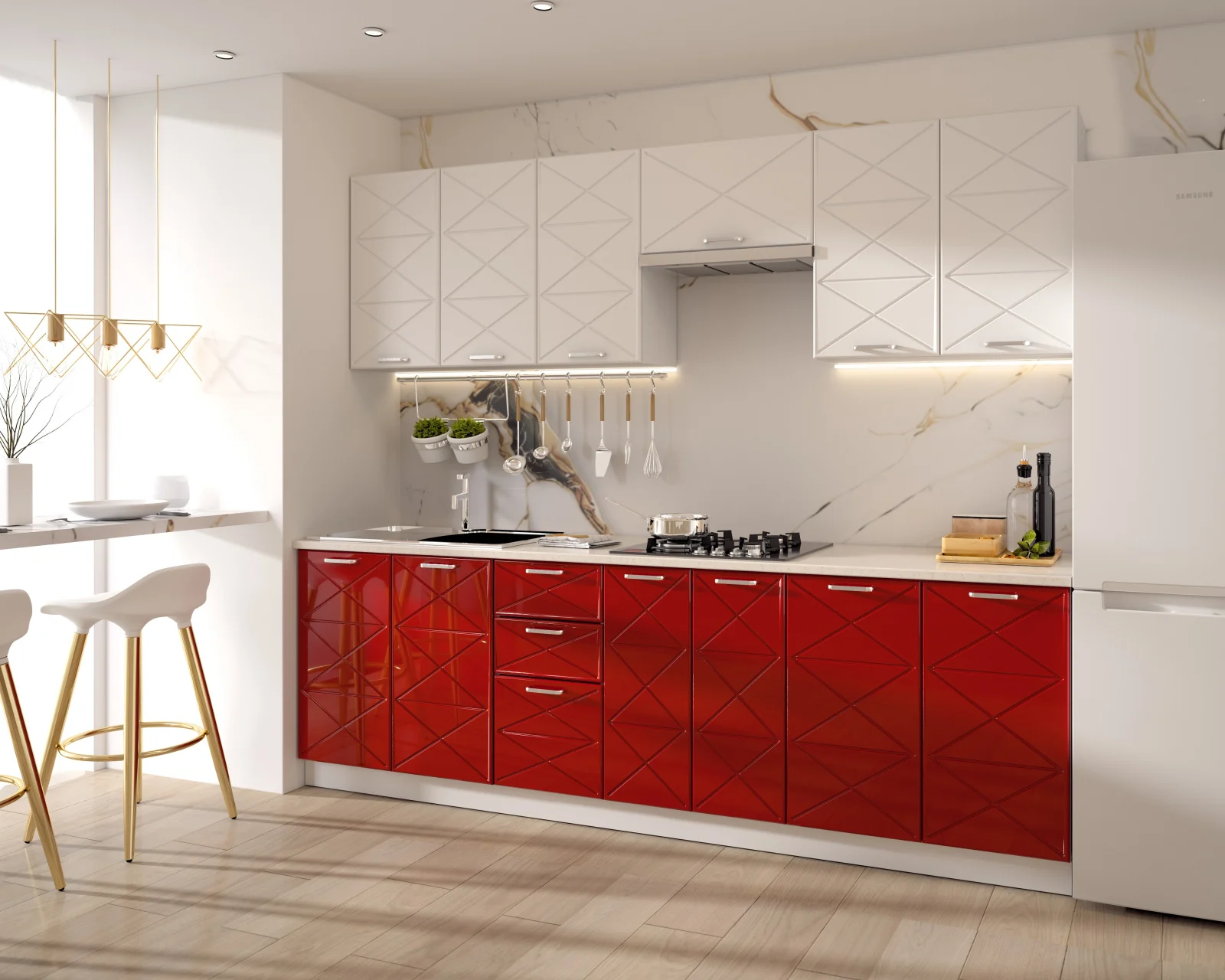 Bucatarie Boston 2.6m Mdf Alb Rosu [3]