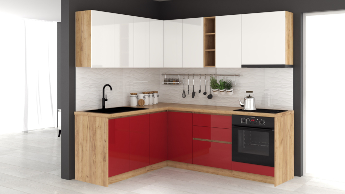 Bucătărie Chelsea Colț MDF V1 Alb Roșu [2]