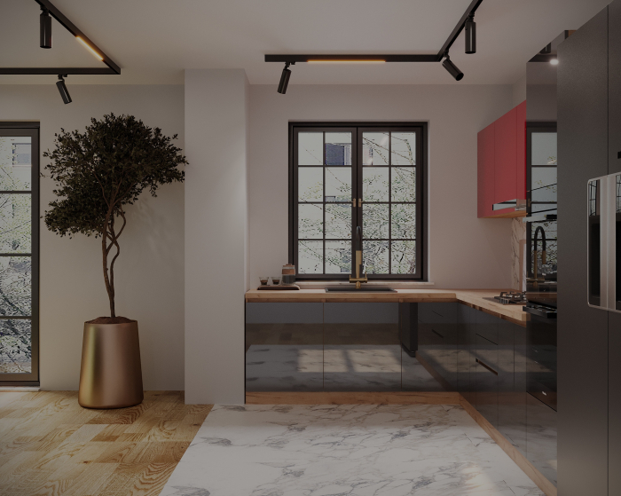 Bucătărie Chelsea Colț V2 Roșu Antracit Stejar K003 221/300x60x200 cm [3]