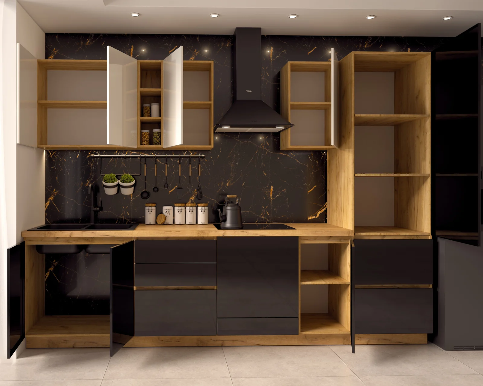 Bucatarie Chelsea Stejar K003  Alb/Negru 300x60x215cm [6]