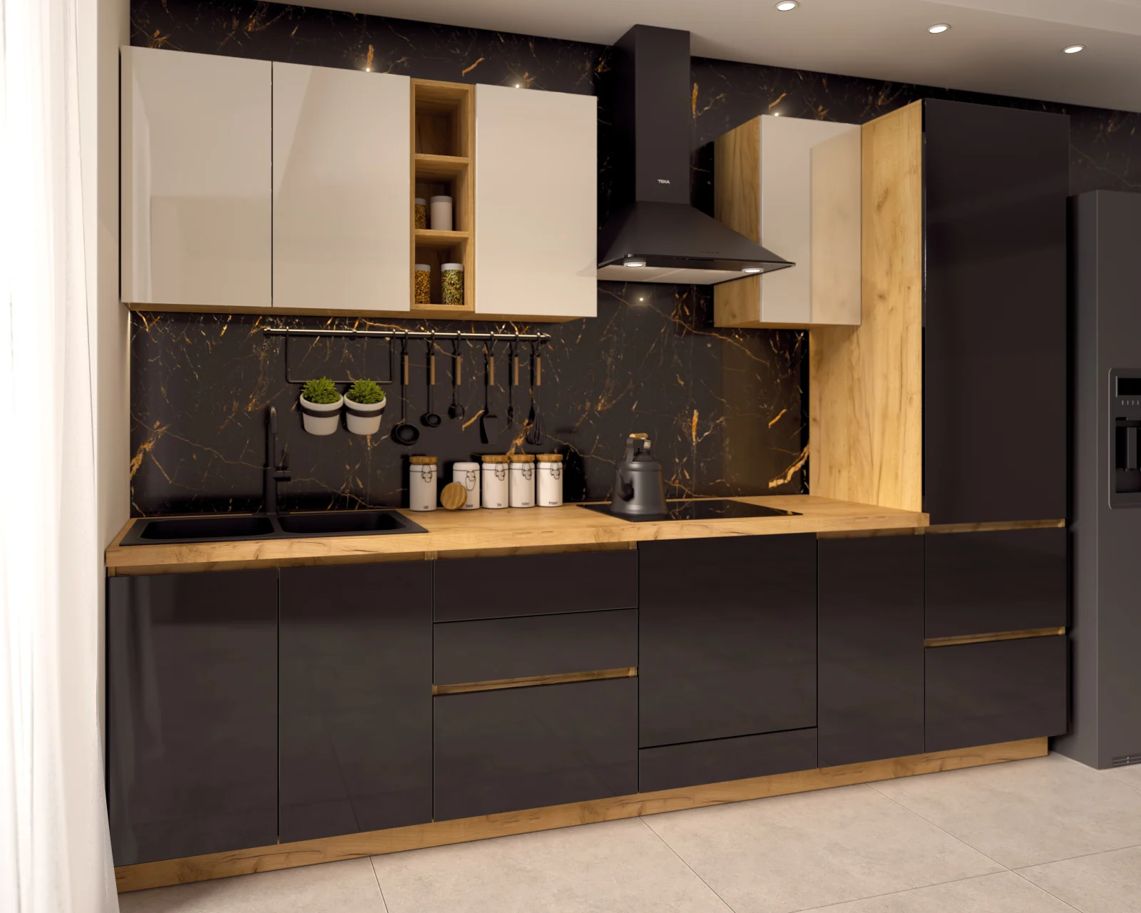 Bucatarie Chelsea Stejar K003  Alb/Negru 300x60x215cm [4]