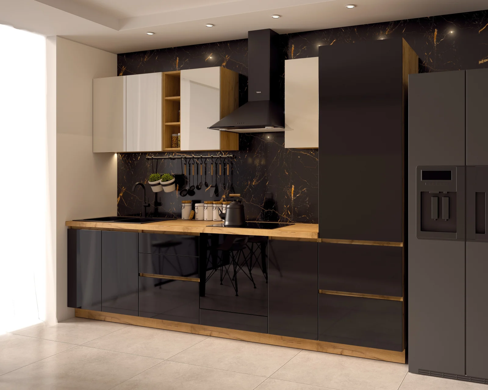 Bucatarie Chelsea Stejar K003  Alb/Negru 300x60x215cm [3]