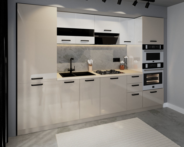 Bucatarie Petra, MDF Alb+Cappuccino, 303x60x200cm [3]