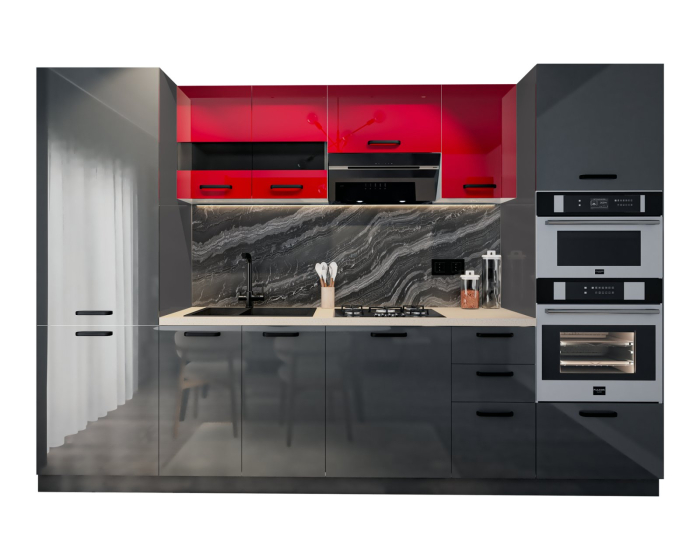 Bucatarie Petra, MDF Rosu+Gri antracit, 303x60x200cm [5]