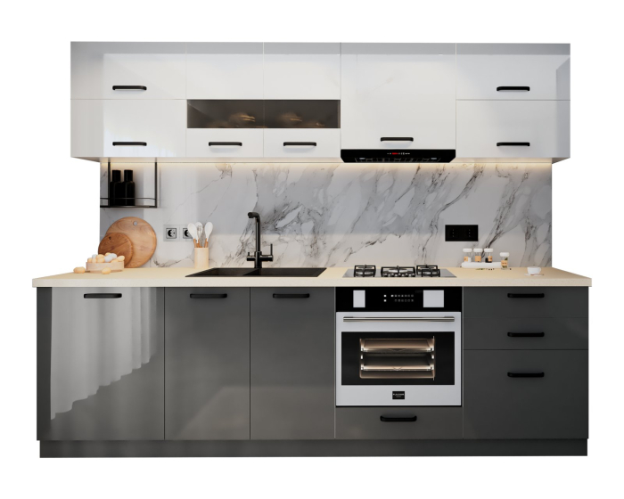 Bucatarie Petra MDF, V1 260x60x200cm, Alb+Antracit [5]