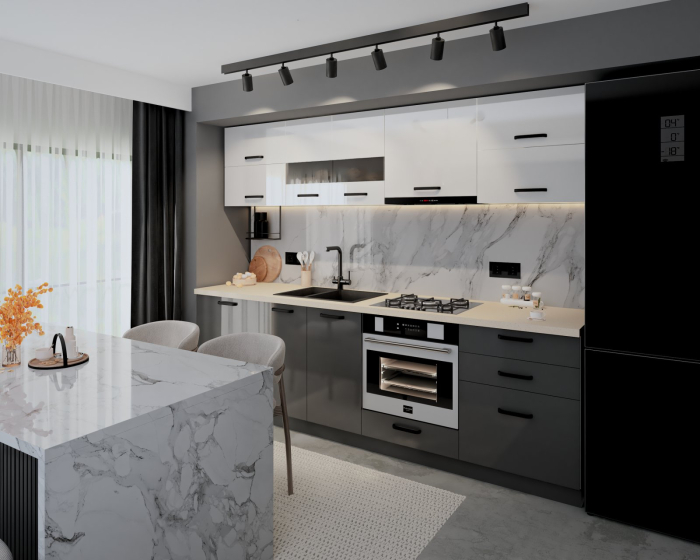 Bucatarie Petra MDF, V1 260x60x200cm, Alb+Antracit [2]