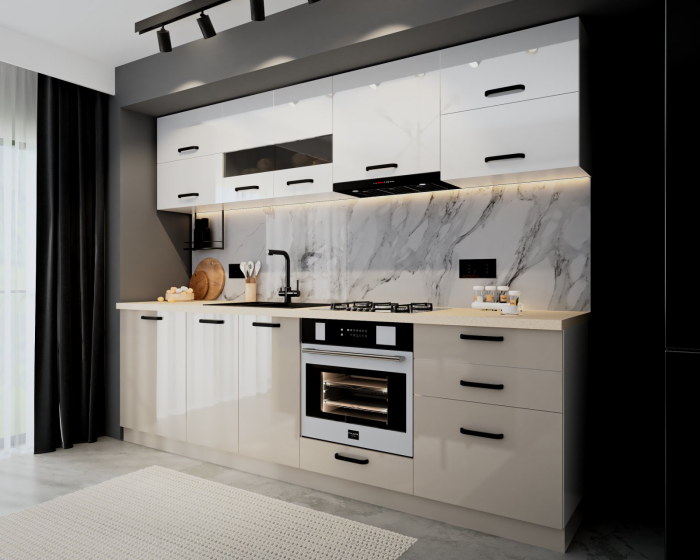 Bucatarie Petra MDF, V1 260x60x200cm, Alb+Cappuccino [3]