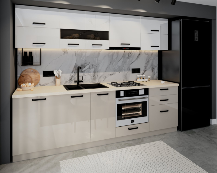 Bucatarie Petra MDF, V1 260x60x200cm, Alb+Cappuccino [4]