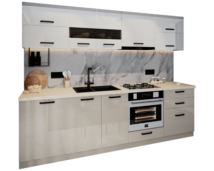 Bucatarie Petra MDF, V1 260x60x200cm, Alb+Cappuccino [6]