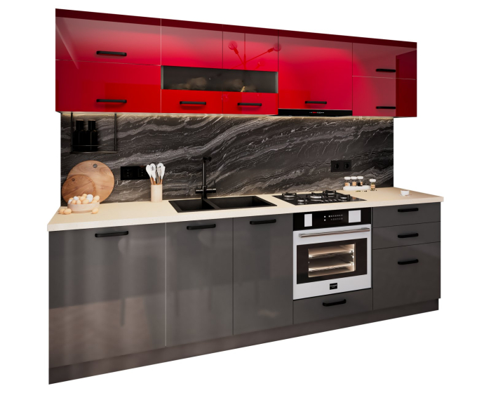Bucatarie Petra MDF, V1 260x60x200cm, Rosu+ Antracit [6]
