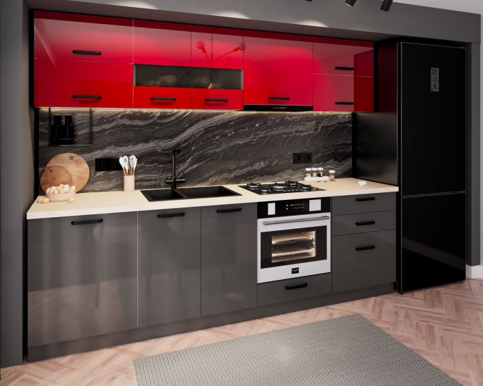 Bucatarie Petra MDF, V1 260x60x200cm, Rosu+ Antracit [3]