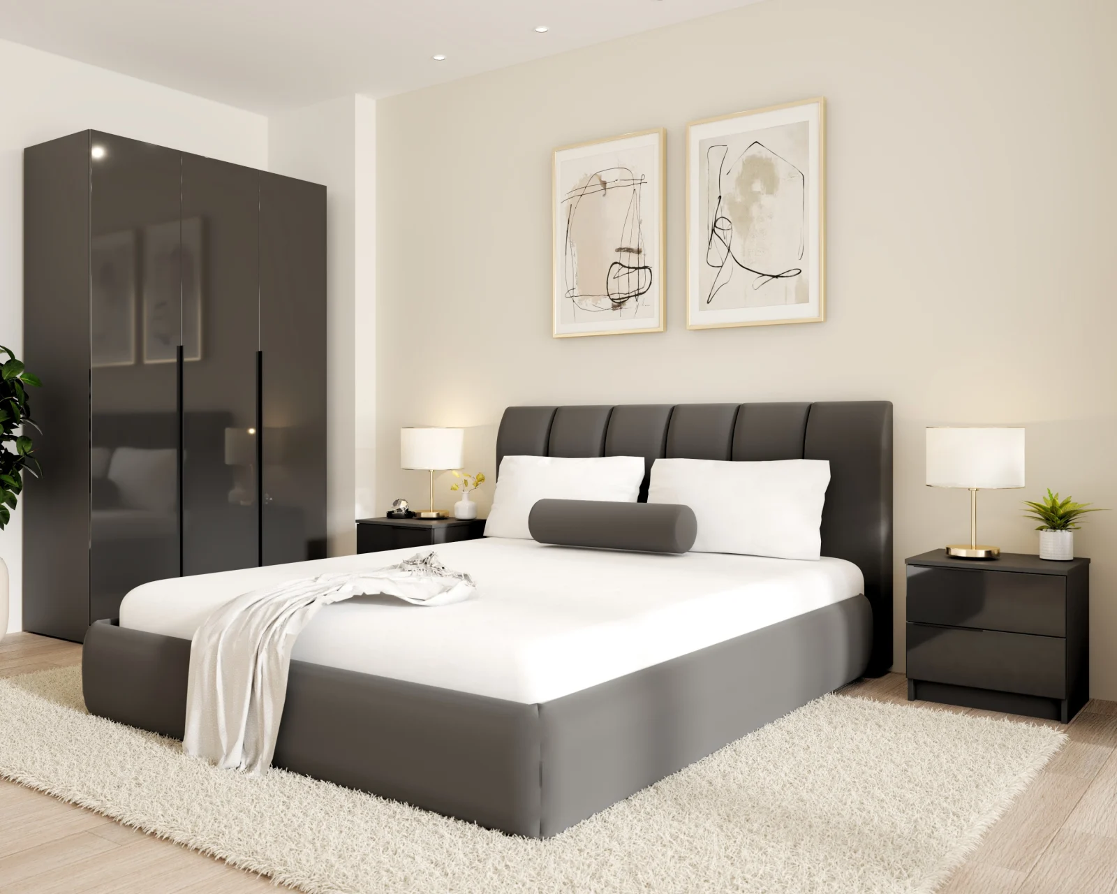 Dormitor Prestige 3U cu pat tapitat Acril Antracit [2]