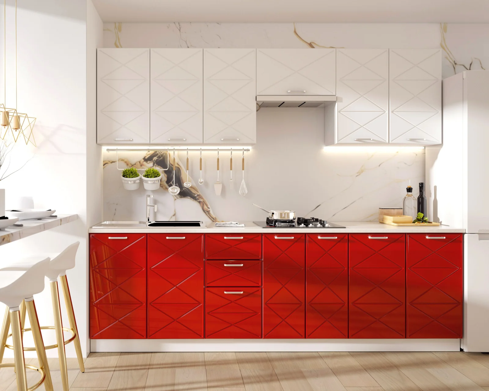 Mobila Bucatarie - Bucatarie Boston 2.6m Mdf Alb Rosu