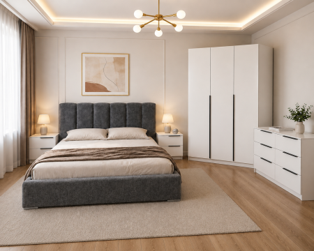Seturi Dormitor - Dormitor Prestige 3U cu pat tapitat  Acril Alb