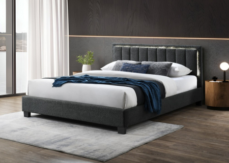 Mobila Dormitor - Pat tapițat Comfort 1 cu LED cadru din lemn cu somieră fixă Gri 140x200 cm