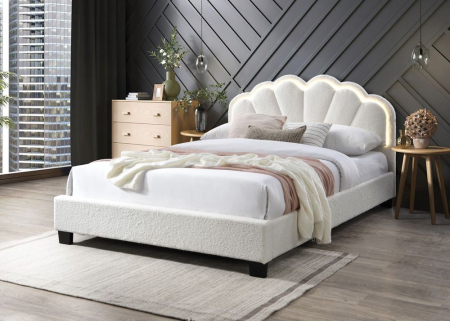 Paturi - Pat tapițat Comfort 2 cu LED cadru din lemn cu somieră fixă Crem 140x200 cm