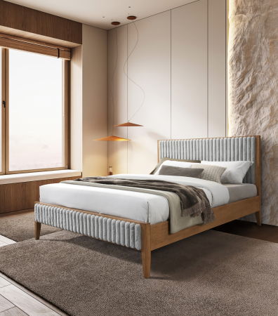 Mobila Dormitor - Pat tapițat din lemn Siera cu somieră fixă Gri 140x200 cm