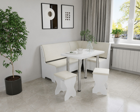 Mobila Bucatarie - Set coltar bucatarie Tunis cu masa si 2 tabureti Alb Fildes