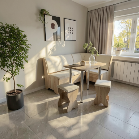 Mobila Bucatarie - Set coltar bucatarie Tunis cu masa si 2 tabureti Sonoma Fildes