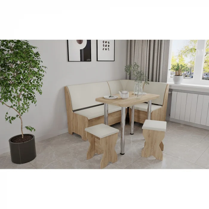 Coltare de Bucatarie - Set coltar bucatarie Tunis cu masa si 2 tabureti Stejar Aur Fildes