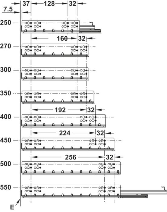 Glisiere sub sertar Matrix UM S30, 450 mm, extragere totală, cuplaje fixare sertar cu reglaj 1D, cu mecanism amortizare și autoinchidere [6]