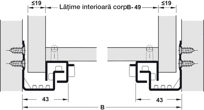 Glisiere sub sertar Matrix UM A25, 350 mm, extragere parțială, cuplaje fixare sertar cu reglaj 1D, cu mecanism amortizare și autoinchidere [4]