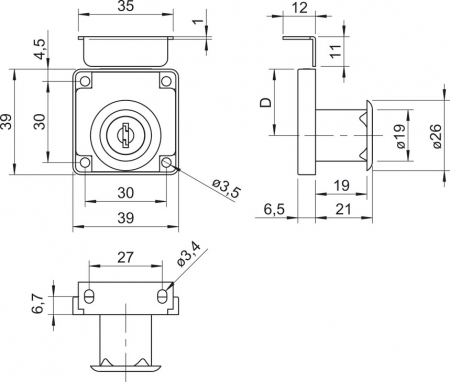 Broască pentru înșurubat cu zăvor cu arc, cu cilindru de închidere cu plăcuțe [4]