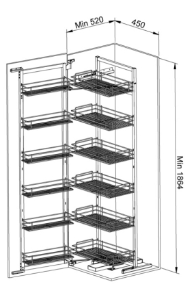 Solutii pentru bucatarie - Coloana bucătărie Tandem, Premium, cu 6+6 coșuri din oțel cromat, H interior ≥ 1864 mm
