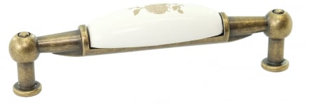 Manere - Mâner pentru mobilier Zamak şi ceramică, decor alb cu auriu, bronz antic