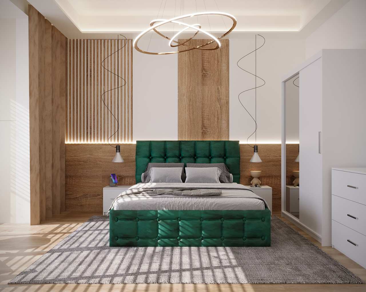 Dormitor Regal Tapitat Verde Smarald 2 Usi Alb cu Oglinda [1]