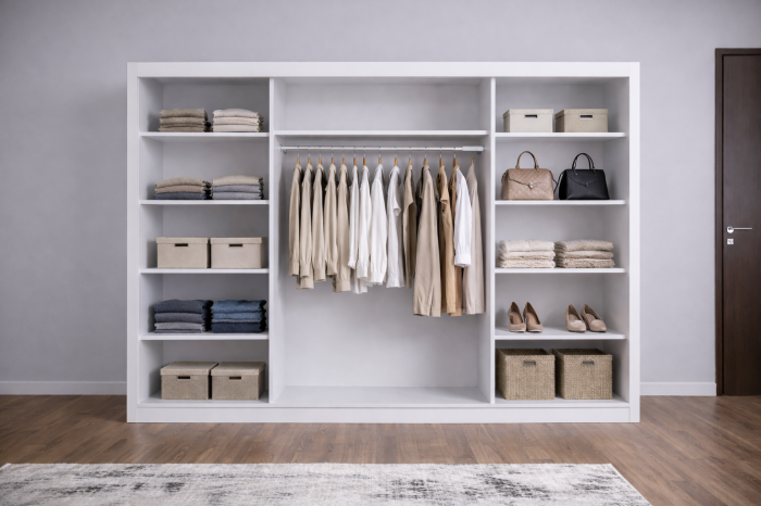 Dormitor Cairo NEW cu dressing 250x200 uși glisante Alb cu Oglinda, noptiere și comodă [3]