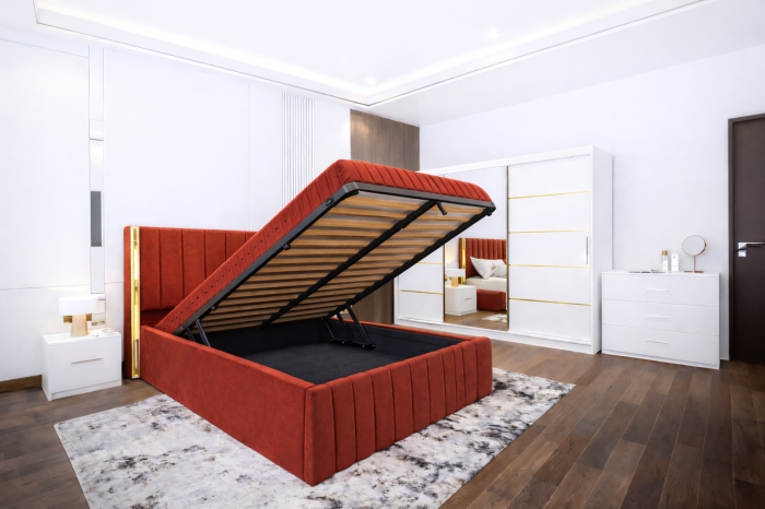 Dormitor Cairo NEW cu dressing 250x200 uși glisante Alb cu Oglinda, noptiere și comodă [2]