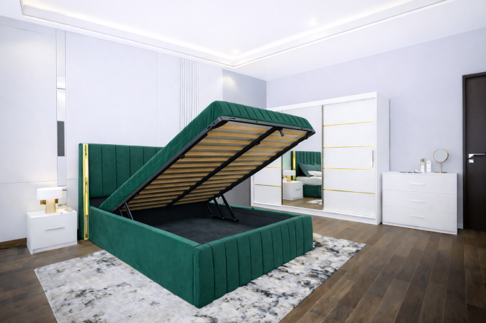 Dormitor Cairo NEW cu dressing 250x200 uși glisante Alb cu Oglinda, noptiere și comodă [2]