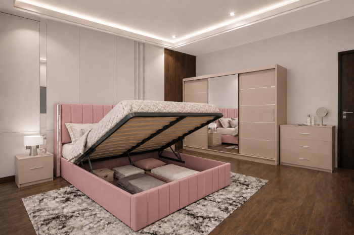 Dormitor Cairo New cu Dressing Casmir 250x200, Comodă, Pat și Noptiere Tapițate [3]