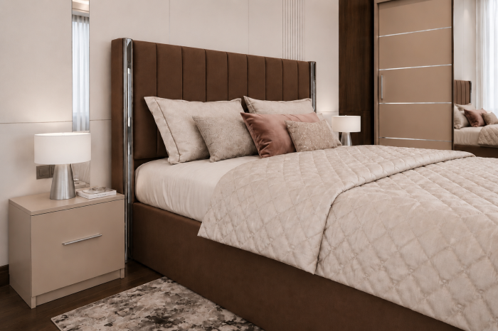 Dormitor Cairo New cu Dressing Casmir 250x200, Comodă, Pat și Noptiere Tapițate [4]