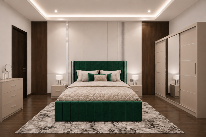 Dormitor Cairo New cu Dressing Casmir 250x200, Comodă, Pat și Noptiere Tapițate [2]