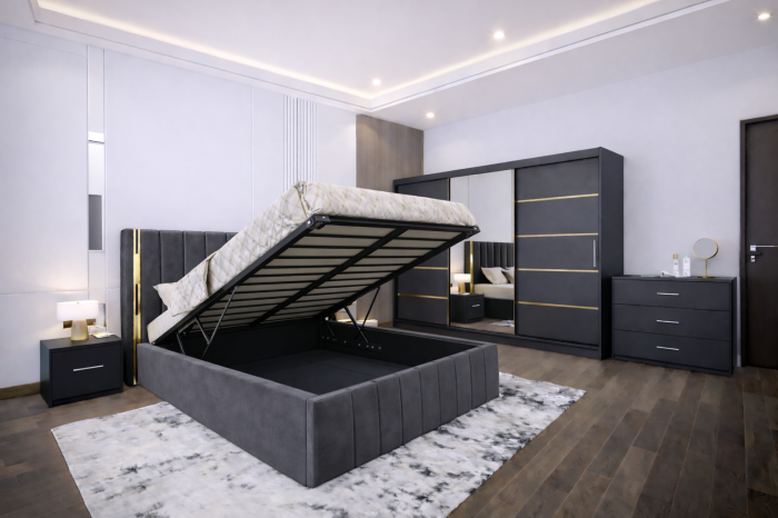 Dormitor Cairo NEW Gri Antracit cu dressing 250x200 uși glisante cu Oglindă, noptiere și comodă [2]