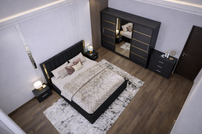 Dormitor Cairo NEW Gri Antracit cu dressing 250x200 uși glisante cu Oglindă, noptiere și comodă [2]