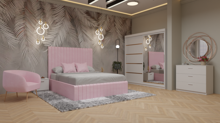 Dormitor Cairo Pat Tapitat Dressing 200x200 Alb Cu Oglinda [2]