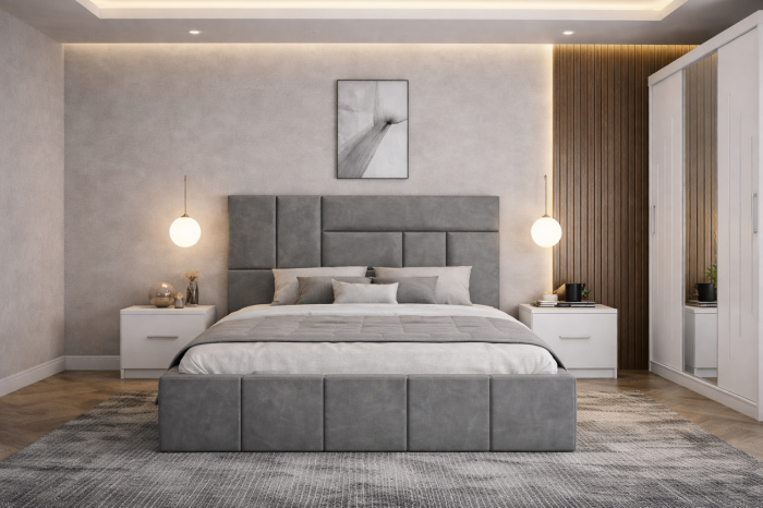 Dormitor Zenith cu Pat Tapițat, Dressing Kenzo 250x200, Noptiere și Comodă [2]