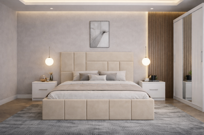 Dormitor Zenith cu Pat Tapițat, Dressing Kenzo 250x200, Noptiere și Comodă [2]