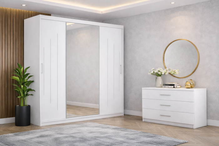 Dormitor Zenith cu Pat Tapițat, Dressing Kenzo 250x200, Noptiere și Comodă [3]