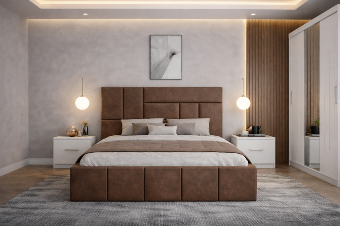 Dormitor Zenith cu Pat Tapițat, Dressing Kenzo 250x200, Noptiere și Comodă [2]